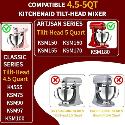 5QT Mixing Bowl for KitchenAid Stand Mixers, Compatible with Kitchen Aid 4.5-5 Qt Tilt-Head Stand Mixer, Food-Grade Stainless Steel Mixing Bowl with Handle & Clasp for Baking, Cooking & Dough Mixing