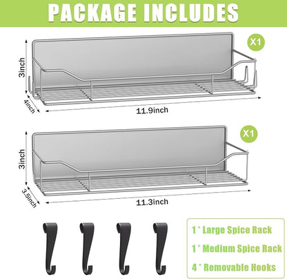 Magnetic Spice Rack for Refrigerator, 2 Pack Strong Magnet Spice Organizer Shelves with Hooks, Magnetic Fridge Shelf for Kitchen Organization and Storage, Seasoning Organizer Gadgets (Grey)