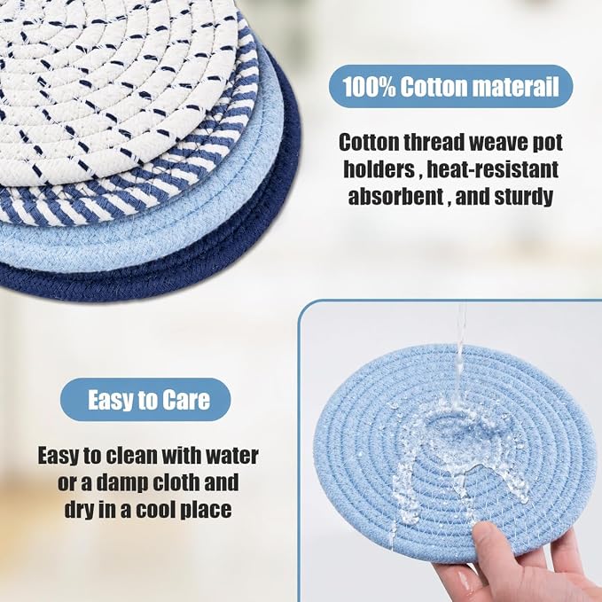 Trivets for Hot Dishes, Hot Pads for Kitchen, 7'' Trivets for Hot Pots and Pans, Pot Holders for Kitchen, Pot Holders Heat Resistant 4-Pcs, Kitchen Essentials for New Home (Blue)