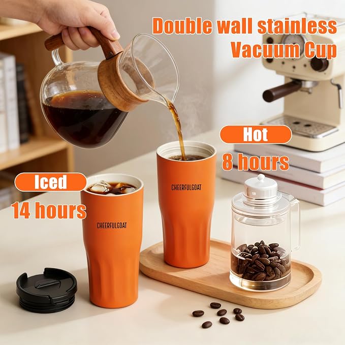 CHEERFUL GOAT Ceramic Lined Coffee Travel Tumbler – Stainless Steel Travel Coffee Tumbler with Ceramic Liner, with lid, 21 OZ Cup for Hot and Cold Water Coffee at Home, Office, or On the Go (Orange)