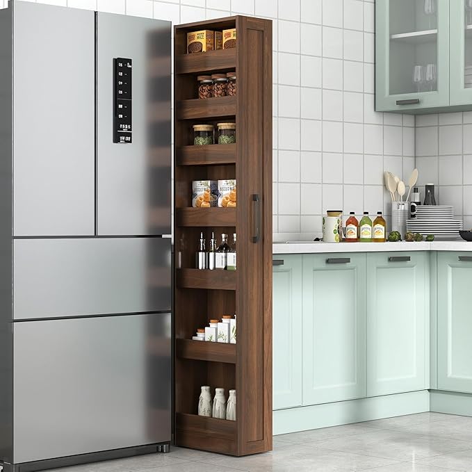 7 Tier Expandable Pull Out Cabinet Organizer, Pull Out Spice Rack, Rolling Kitchen Pantry Storage Cabinet, Slide Out Shelf Cabinet Storage for Kitchen, Walnut