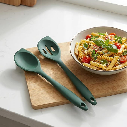 Silicone Cooking Spoons Set of 2, Heat-Resistant & Dishwasher Safe - Slotted and Solid Kitchen Spoons for Mixing, Serving, Stirring, Skimming