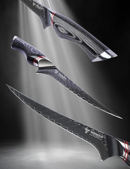 7 Inch Fillet Knife - Professional Kitchen Boning Knife - Black Damascus Steel with Ergonomic Handle - MIAO Series