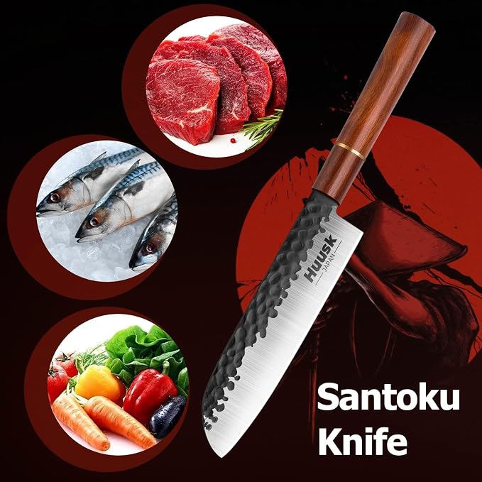 Huusk Japan Knife, 7 Inch Santoku Kitchen Knife, Professional Japanese Chefs Knives Hand Forged High Carbon Steel Sharp Chopping Knives, Ergonomic Rosewood Handle, for Meat, Fish,Ideal Gifts