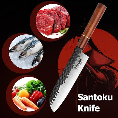 Huusk Japan Knife, 7 Inch Santoku Kitchen Knife, Professional Japanese Chefs Knives Hand Forged High Carbon Steel Sharp Chopping Knives, Ergonomic Rosewood Handle, for Meat, Fish,Ideal Gifts