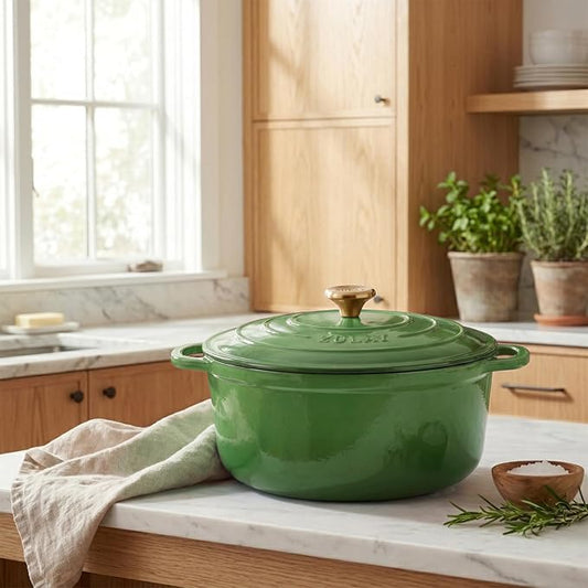 Zulay Kitchen 6.4QT Enameled Cast Iron Dutch Oven Pot with Lid, Heavy-Duty Soup Pot for Stews, Braising, Roasting & Sourdough Bread Baking, Oven Safe up to 500°F - Green