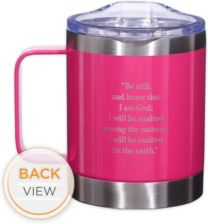 Christian Art Gifts Stainless Steel Double Wall Vacuum Insulated Camp Style Travel Mug 11 oz Pink Coffee Mug with Retractable Lid and Handle for Women with Bible Verse - Be Still -Psalm 46:10