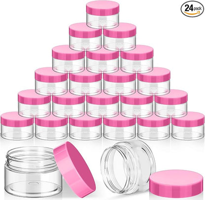 SATINIOR 24 Pieces Empty Clear Plastic Jars with Lids Round Storage Containers Wide Mouth for Beauty Product Cosmetic Cream Lotion Liquid Butter Craft and Food(Pink Lid,1 oz)