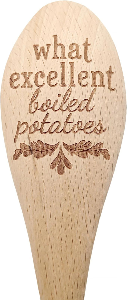 Jane Austen Wooden Spoon with Red Gift Bow – Pride and Prejudice Quote “What Excellent Boiled Potatoes” – Funny Literary Kitchen Utensil & Gift for Book Lovers