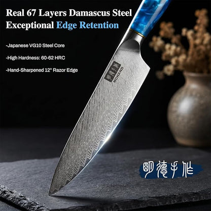 MDHAND Japanese Knife Set, 3PCS Professional Chef Knife Set, VG10 Steel Kitchen Knife Set with Azure Timber Collection Handle, Ultra Sharp Kitchen Knives Set for Home Cooking, Gifts for Men Women