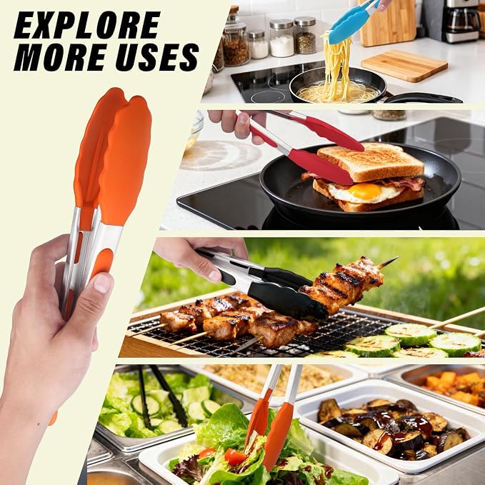 Salad Tongs, 16 Inch Silicone Food Tongs with 304 Stainless Steel Core & Non-Slip Grip in Orange Color