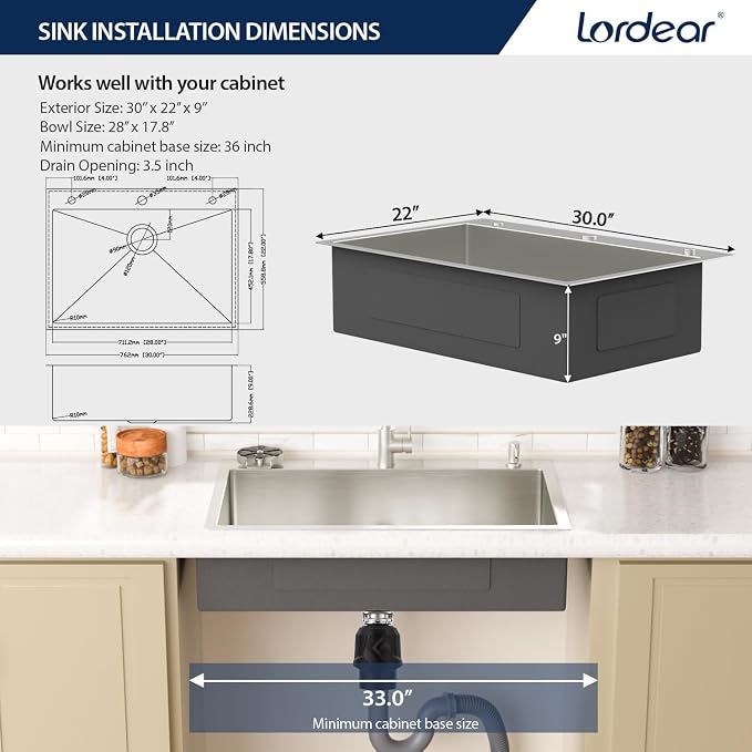 Lordear 30 Inch Drop In Kitchen Sink with Faucet 16 Gauge Stainless Steel Single Bowl Kitchen Sink with Glass Rinser, Pull-out Faucet, and Soap Dispenser #T30229-F16030SS