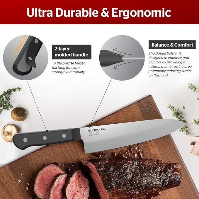 Sunhouse Chef Knife 7.5 Inch Ultra Sharp Kitchen Knife - High Carbon Stainless Steel, Ergonomic Non-Slip Handle, Apartment Essentials, Fathers Day Gift for Dad Husband Him