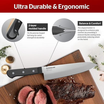 Sunhouse Chef Knife 7.5 Inch Ultra Sharp Kitchen Knife - High Carbon Stainless Steel, Ergonomic Non-Slip Handle, Apartment Essentials, Fathers Day Gift for Dad Husband Him