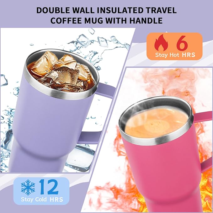 20oz Insulated Tumbler with Handle Stainless Steel Travel Coffee Mug with Lid and Straw Double Wall Vacuum Leak-proof Reusable Thermal Water Cup for Hot and Cold Drinks (Multicolor-7,6 Pack)