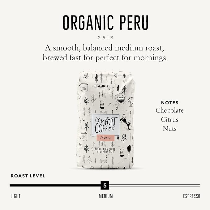 Mt. Comfort Coffee Organic Peru Medium Roast, 2.5 Pounds - Flavor Notes of Nutty, Chocolate, & Citrus - Sourced From Small, Peruvian Coffee Farms - Roasted Whole Beans