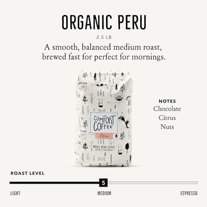 Mt. Comfort Coffee Organic Peru Medium Roast, 2.5 Pounds - Flavor Notes of Nutty, Chocolate, & Citrus - Sourced From Small, Peruvian Coffee Farms - Roasted Whole Beans