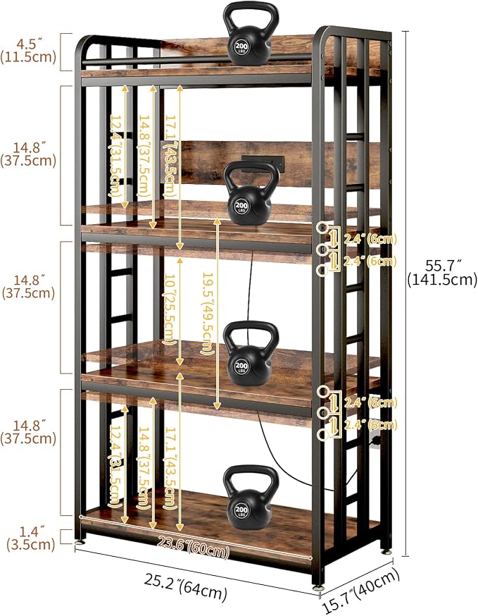 METYERRY Adjustable 4-Tier Heavy Duty Kitchen Baker's Rack with Power Outlet, with Industrial Wheels, Free Standing Microwave Oven Cart Stand for Storage in Living Room, Garage, Rustic Brown