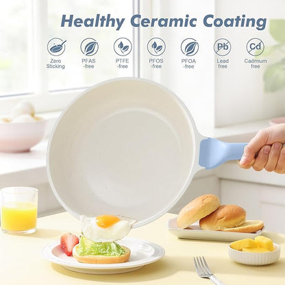 SENSARTE Nonstick Ceramic Frying Pan with Lid 12.5 Inch Cooking Pan Skillet, Free of Intentionally Added PFAS/PTFE Non-toxic Chef's Pan Induction Compatible Pan, Heat Resistant Handle, Glacier Blue