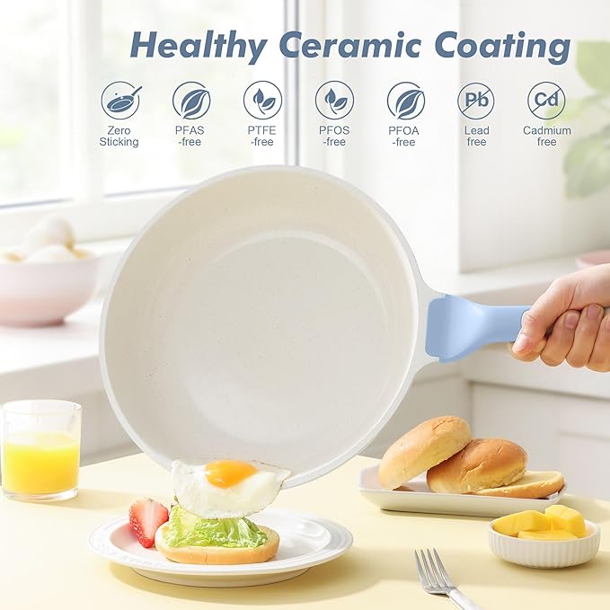 SENSARTE Nonstick Ceramic Frying Pan with Lid 9.5 Inch Omelet Pan Skillet, Free of Intentionally Added PFAS/PTFE Non-toxic Chef's Pan Induction Compatible Pan, Heat Resistant Handle, Glacier Blue