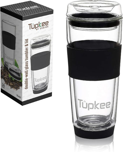 Double Wall Glass Tumbler - 14-Ounce, All Glass Reusable Insulated Tea/Coffee Mug & Lid, Hand Blown Travel Mug - Black