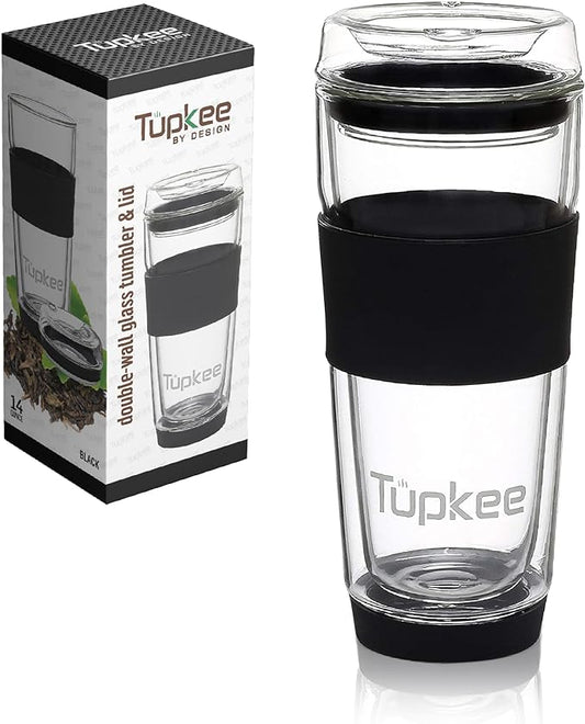 Double Wall All Glass Tumbler - 14-Ounce, Reusable Insulated Tea/Coffee Mug & Lid, Hand Blown Glass Travel Mug - Black - 2 Pack