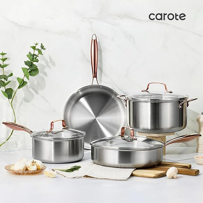 CAROTE 3-Piece Tri-Ply Stainless Steel Frying Pan Set, Skillet Set 8"/10"/12", Induction Compatible, Oven & Dishwasher Safe, Gold Handle, Mothers Day Gifts