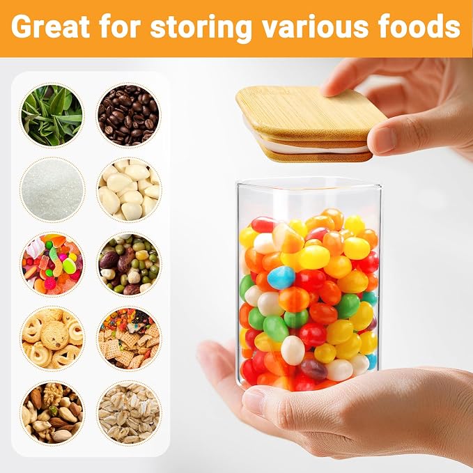 Square Glass Storage Jars Set of 2, 8 Fl.oz Glass Containers with Bamboo Lids, Clear Spice Jars Kitchen Pantry Canister for Candy Sugar Coffee Tea Oats - Included Labels, Spoon and Marker