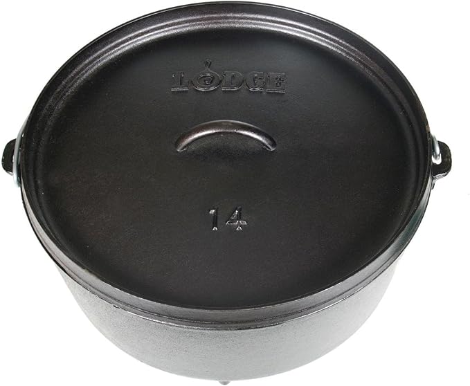 Lodge Seasoned Cast Iron Camp Dutch Oven with Lid - 10 Quart - Dual Handles - Seasoned Cast Iron Cookware with Steel Handle & Strong Lid for Heavy- Duty Camping Cookware