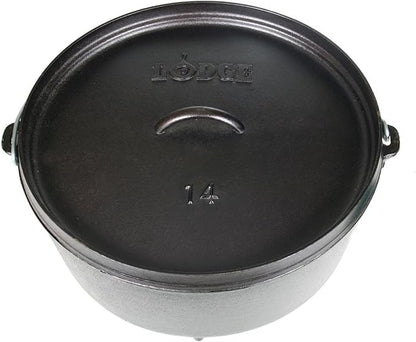 Lodge Seasoned Cast Iron Camp Dutch Oven with Lid - 10 Quart - Dual Handles - Seasoned Cast Iron Cookware with Steel Handle & Strong Lid for Heavy- Duty Camping Cookware
