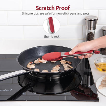 Heat Resistant Silicone Kitchen Tong: U-Taste 9 inch 480ºF Hot Proof Cooking Tong with Firm Sealed Non Stick Rubber Tips & Silicon Coated Steel Handle & Smooth Locking for Serving Grill Salad (Red)