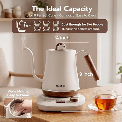 Electric Kettle, 1000W Quick Heating Gooseneck Kettles, 1.0L/33.82oz, 0.8mm Ultra-Fine Spout, Precise Water Flow Control, 304 Stainless Steel Inner, Auto Shut-Off, Boil Dry Protection, Matte Beige
