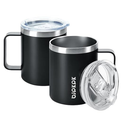 BJPKPK 2 pcs Insulated Coffee Mug, 14oz Insulated Tumbler with Lid, Stainless Steel Coffee Cups with Splash Proof Lid-Black