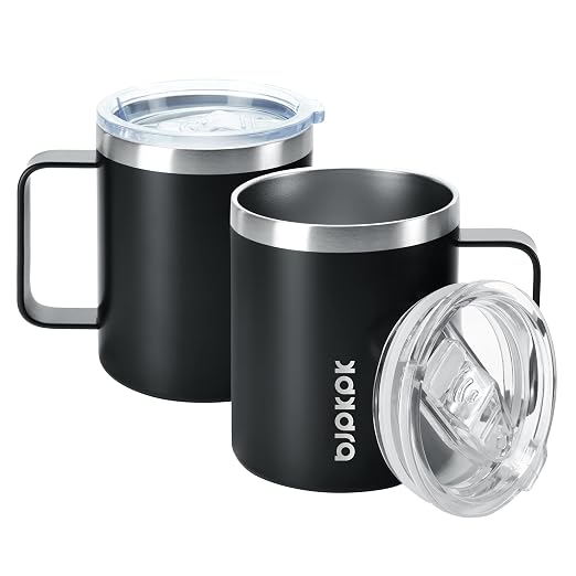 BJPKPK 2 pcs Insulated Coffee Mug, 14oz Insulated Tumbler with Lid, Stainless Steel Coffee Cups with Splash Proof Lid-Black