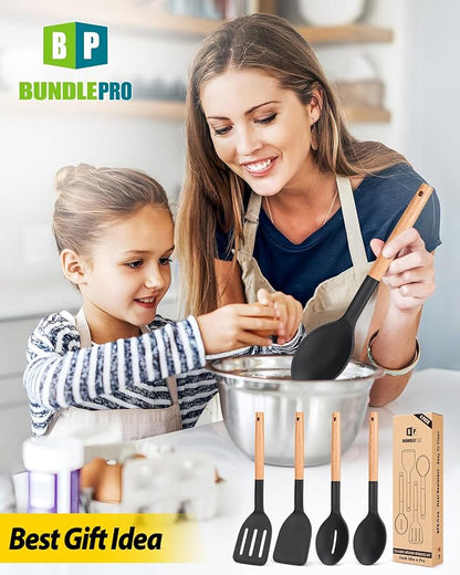 Pack of 4 Silicone Cooking Utensils Set, Non Stick Solid Spatulas and Heat Resistant Slotted Spoons with Wooden Handle, Ideal Wood Kitchen Utensils Set for Frying,Serving,Turning,Stirring (BLACK)