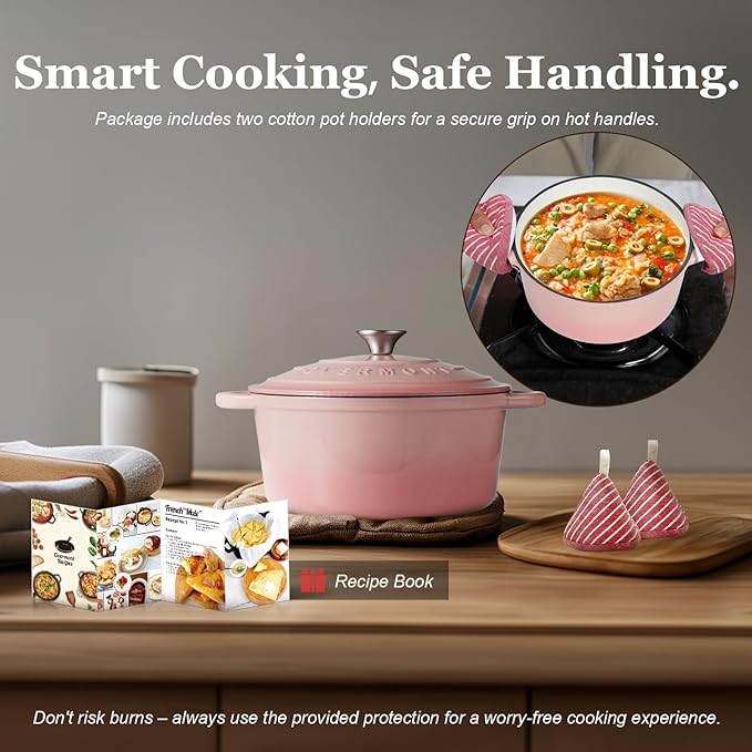 Overmont Enameled Cast Iron Dutch Oven - 7QT Pot with Lid Cookbook & Cotton Potholders - Heavy-Duty Cookware for Braising, Stews, Roasting, Sourdough Baking pink