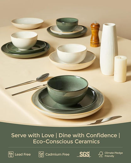 Pokini Plates and Bowls Sets for 8, 24 Piece Dinnerware Set for Large Families & Entertaining, Elegant Design, Dishwasher & Microwave Safe, Chip Resistant and Durable, Forest Green