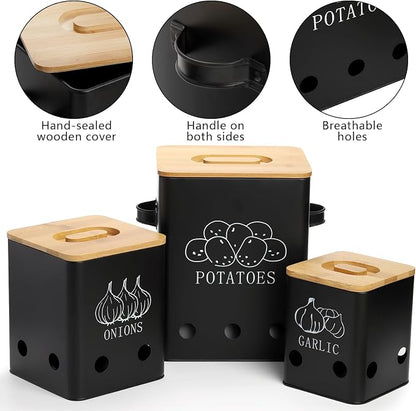 WUWEOT 3 Pack Vegetable Storage Tins, Potato Onion Garlic Storage Canister, Black Metal Vegetable Fresh Keeper Caddy, Kitchen Pantry Organizer Jars with Bamboo Lid and Aerating Holes