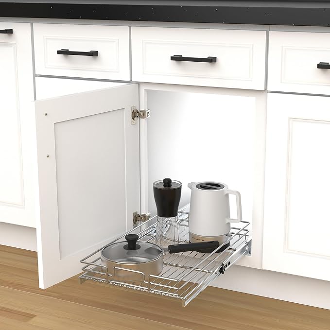 Pull Out Cabinet Organizer, Heavy-Duty Metal Sliding Drawer Shelf for Kitchen Cabinets, Chrome, Doesn't Include Door Fittings (23 * 21 IN)