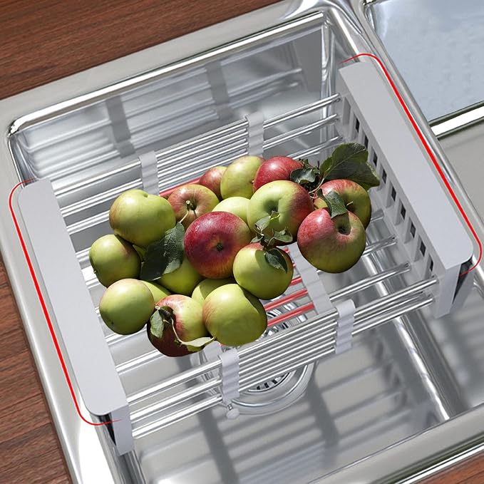 Dish Drying Rack, Adjustable Stainless Steel Drainer Basket Drain Tray for Dishes, Vegetables, and Fruit, On or in Sink Kitchen Basket Dish Drying Rack-Grey