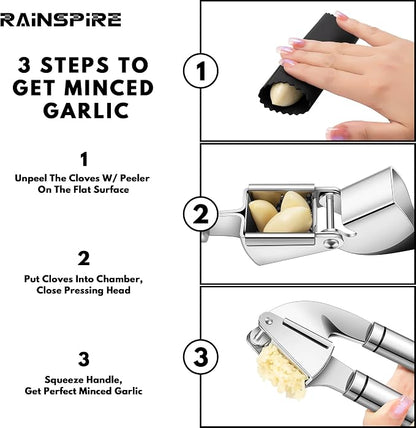 Rainspire Premium Garlic Press Stainless Steel, Garlic Mincer Tool, Garlic Crusher Tool, Garlic Smasher Garlic Masher Includes Silicone Garlic Peeler & Cleaning Brush, Dishwasher Safe (Silver)