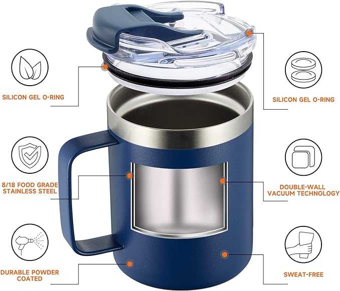12oz Stainless Steel Insulated Coffee Mug with Handle, Double Wall Vacuum Tumbler Cup with Fliping Lid, Navy, 4 Pack