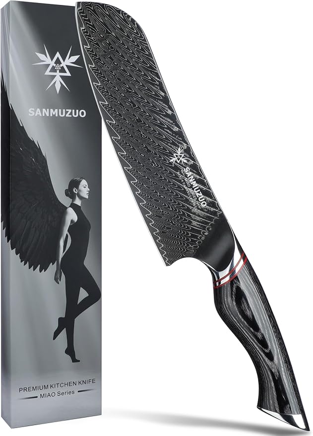 Japanese 7" Santoku Knife - Kitchen Chef Knife - Black Damascus Steel with Ergonomic Handle - MIAO Series