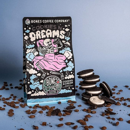 Bones Coffee Company Cookies 'N Dreams Cookies and Cream Flavored Coffee, Medium Roast Low Acid Arabica Beans Compatible with Auto drip and French Press Coffee Maker, 12 Oz Ground