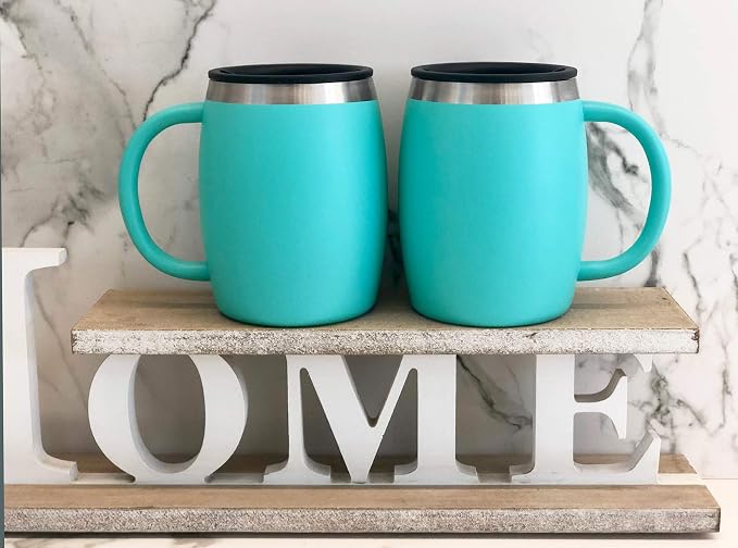 Stainless Steel Insulated Coffee Mugs Set of 2 (14oz) Double Wall Coffee Cups With Spill Resistant Lid & Handle – Shatterproof Cups for Cold & Hot Drinks for Indoor & Outdoor Use (Aqua Blue)