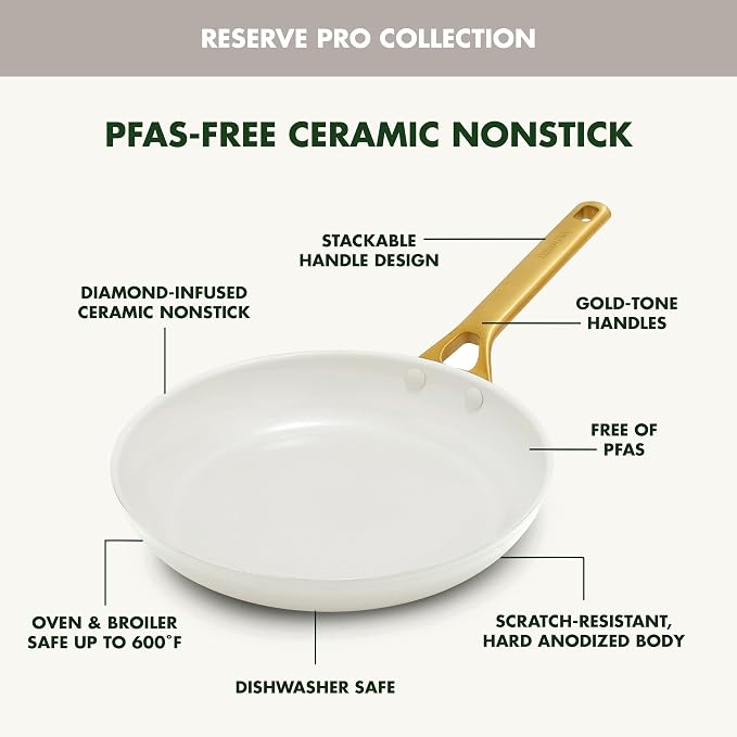 GreenPan Nonstick Reserve Pro 10” & 12” Frying Pan Set, NSF Certified Ceramic, Hard Anodized PFAS-Free Skillets, Stainless Steel Handles, Oven & Dishwasher Safe, Cream White