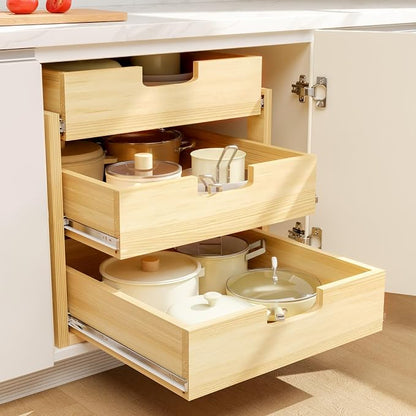 Pull Out Cabinet Organizer, 20''W×21''D Sliding Drawers for Cabinets, 3 Tier Soft Close Slide Out Wooden Pull out Drawers, Base Cabinet Organization for Kitchen, Pantry, Bathroom