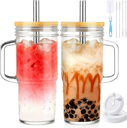 Birity 24oz Glass Cups with Lids and Straws,Glass Tumbler with Handle,2 set–Reusable Glass Ice Coffee Cups with Lid and Straw for Smoothies,Tea,Juice,Boba Cup for Cold & Hot Drinks,Travel Cup