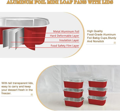 Mini Cake Pans With Lids And Spoons,5.5 oz Rectangle Mini individual Loaf Pans Disposable Aluminum Foil Small Baking Cups Tins (200, Red)