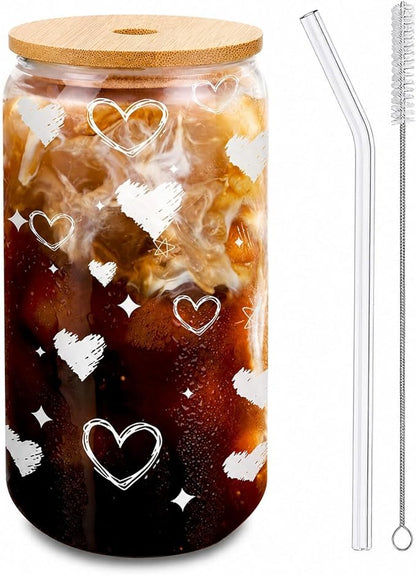 Glass Cup with Lid and Straw, 16 oz Cute Iced Coffee Cup with Heart Design, Bamboo Lid, Glass Straw and Brush for Desk, Dorm, Girlfriend or Best Friend